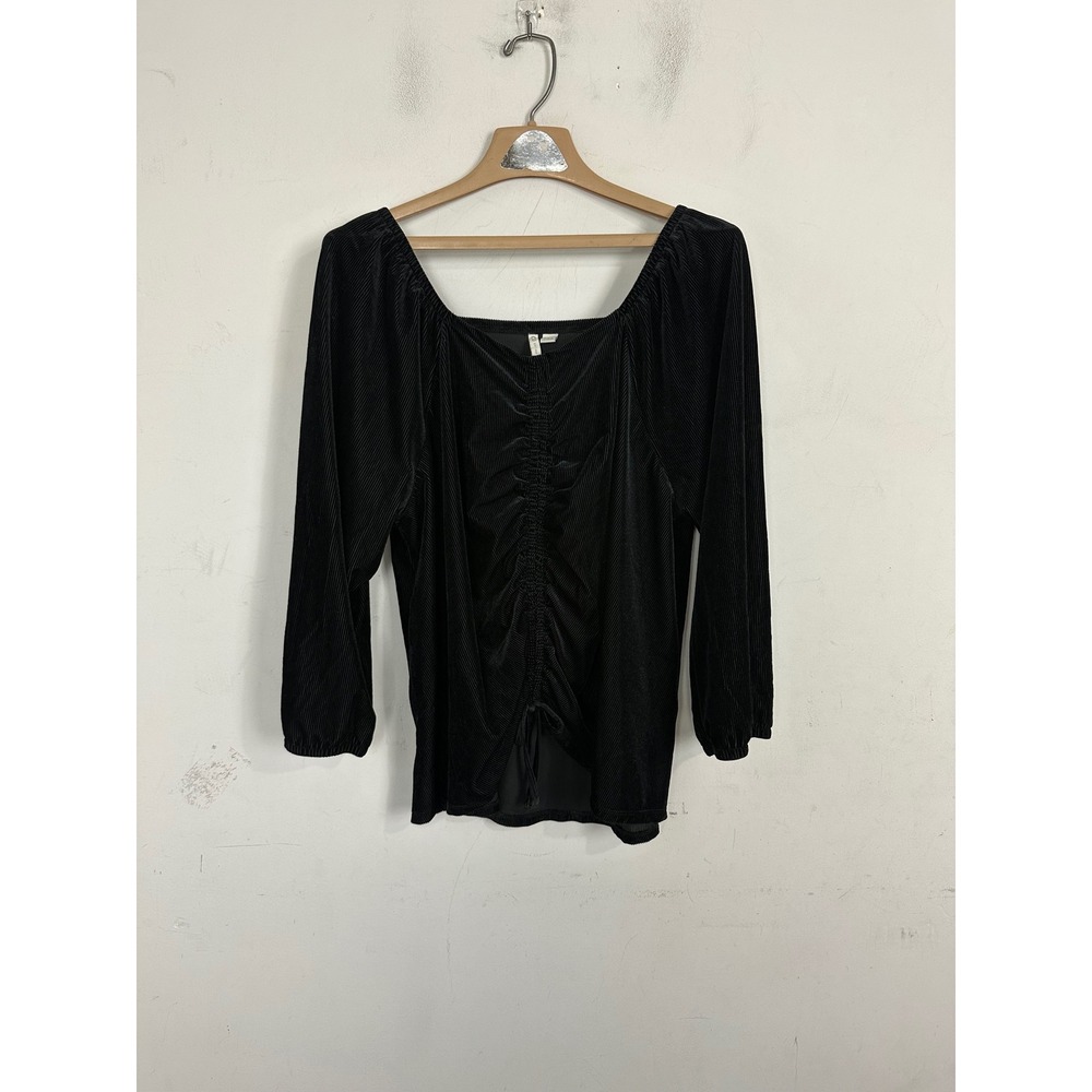 Cato Womens Plus Size 18/20W Black Ribbed Ruched Front Square Neck Top